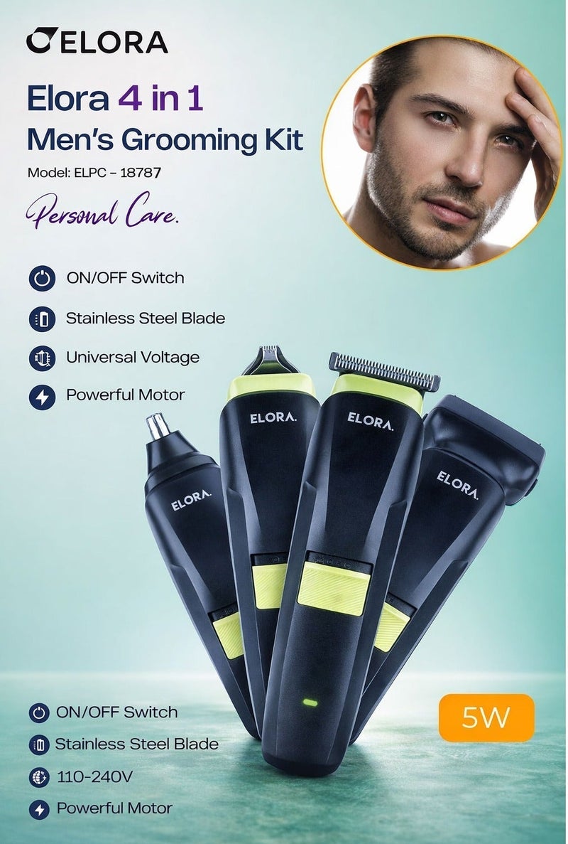 Elora Rechargeable Trimmer 4-In-1 | ELPC-18787/40P | T-Blade Hair Trimmer | Foil Shaver | Nose & Ear Trimmer | USB Charging - Image 1